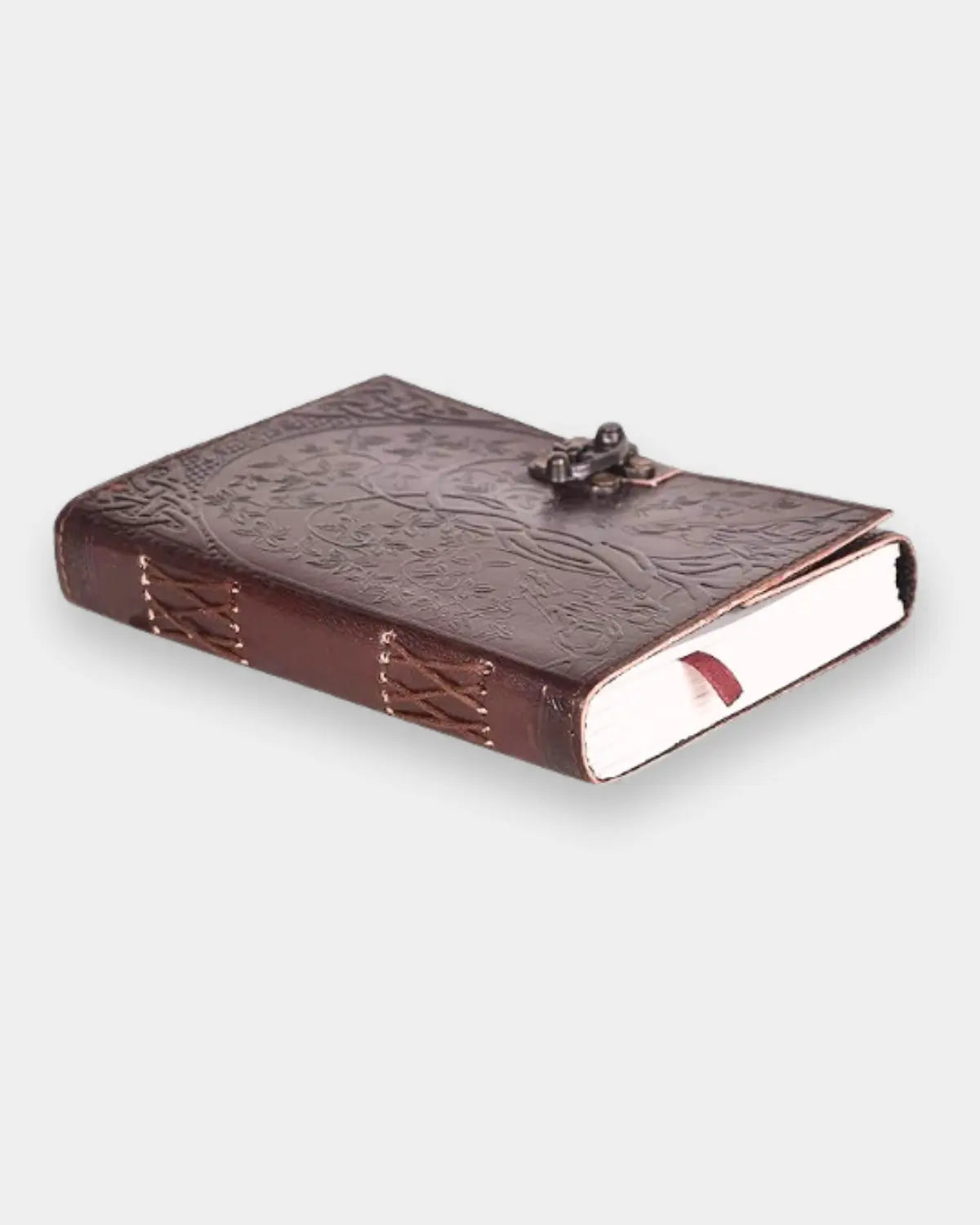 LAMAKHA Tree of Life leather diary handcrafted leather journal with two wolves Celtic knotwork border, hand embossed leather diary, antique brass clasp, handmade in India