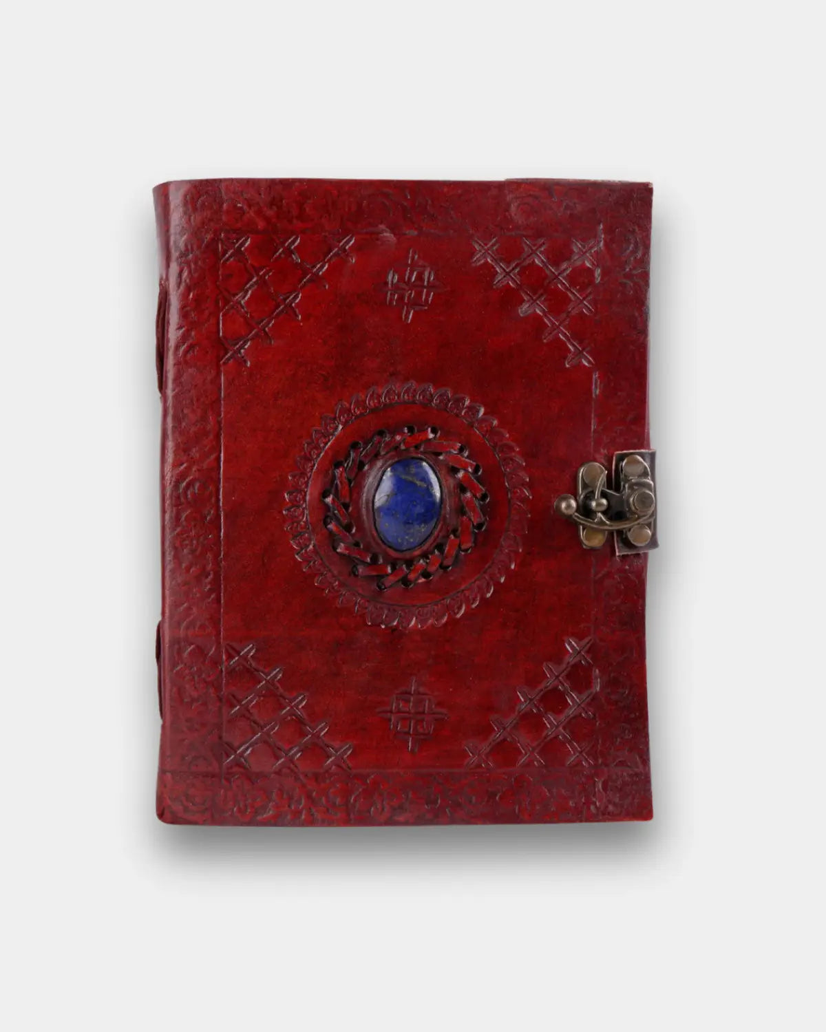 LAMAKHA red leather diary with stone and lock - genuine lapis lazuli gemstone, cross hand-embossed leather journal, vintage diary, antique silver clasp with key, handmade in India