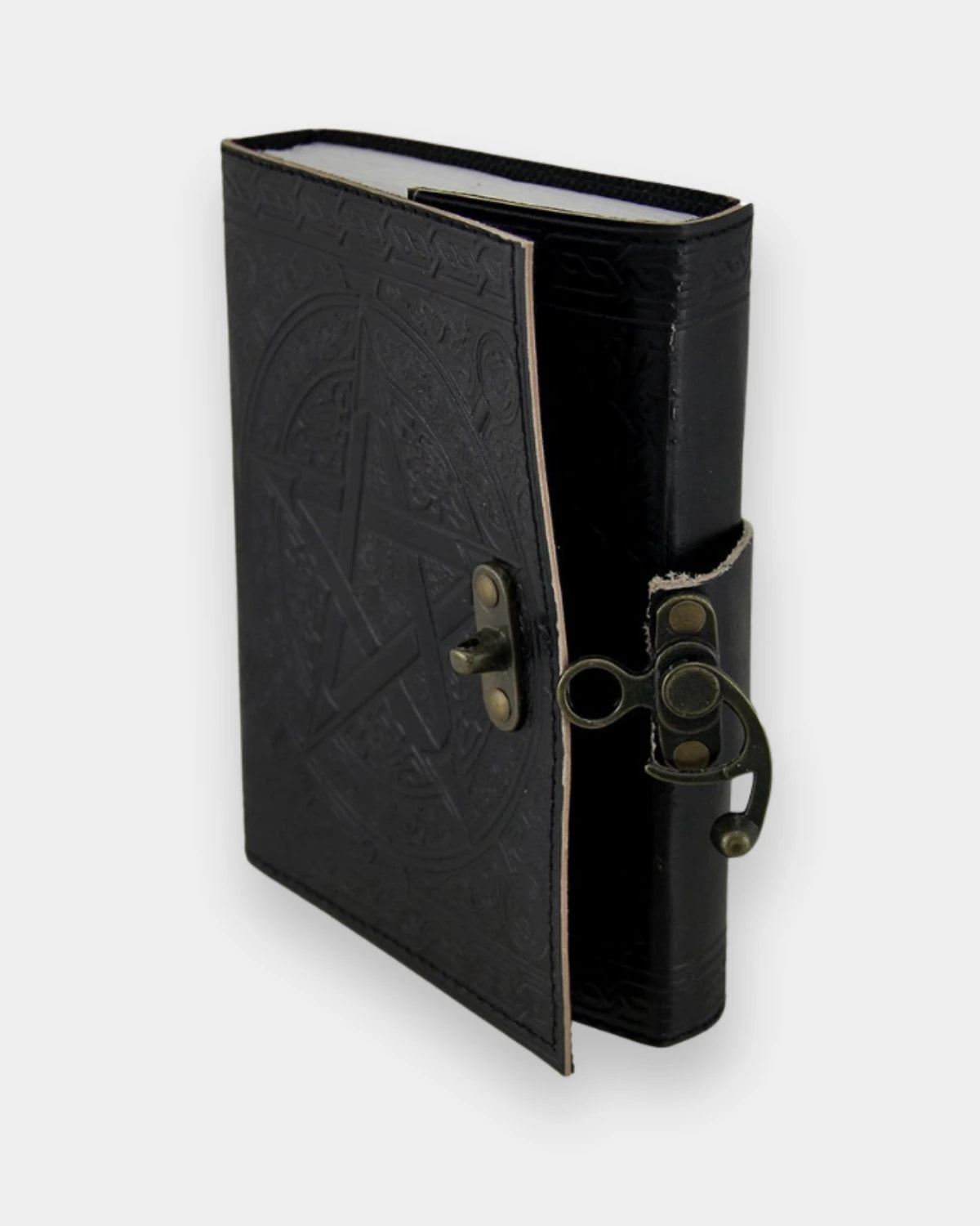 Lamakha pentagram Black leather journal book of shadows closed side angle showing leather embossed cover and antique brass clasp notebook closure 