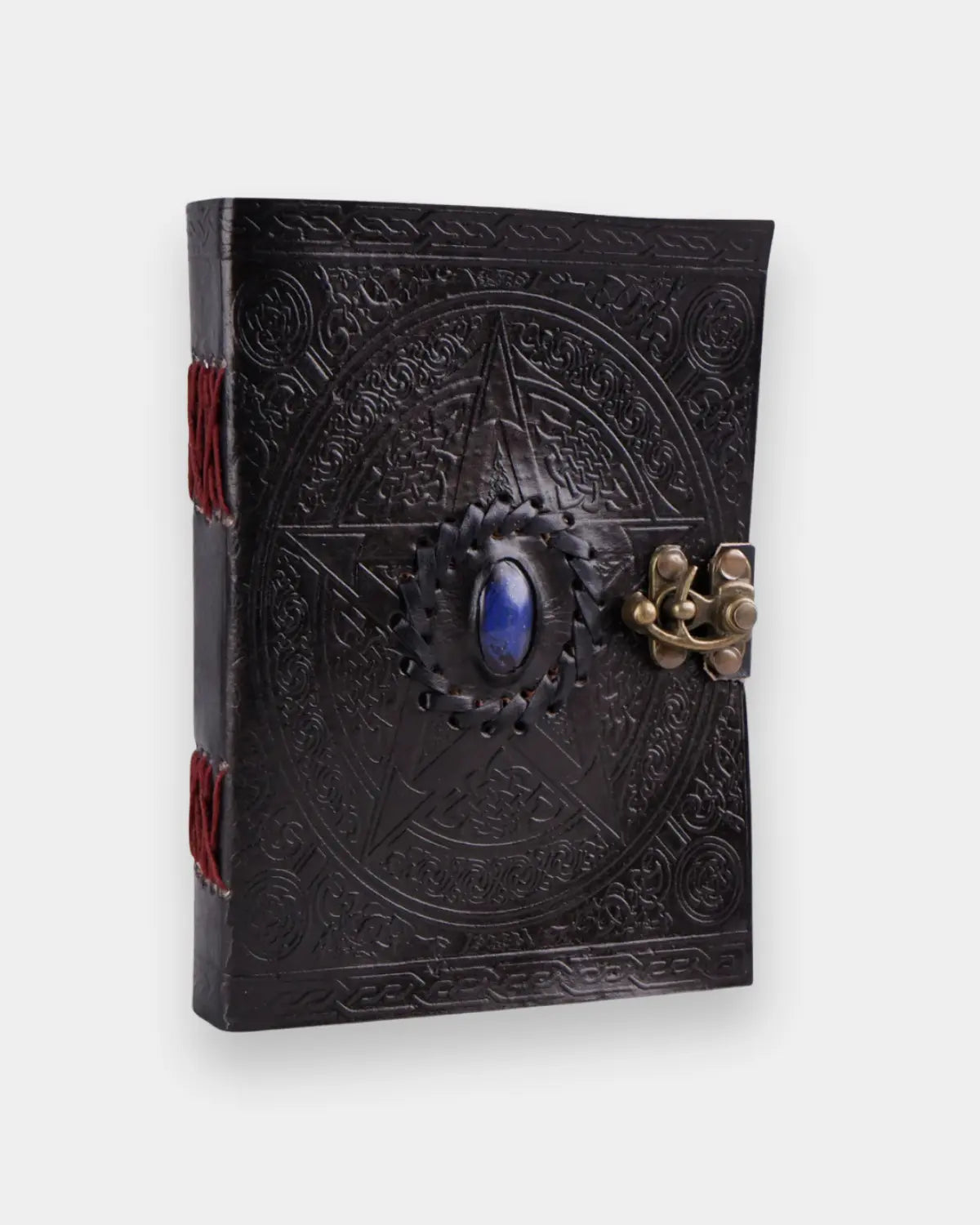 LAMAKHA gemstone black leather journal angled view lapis lazuli blue stone journal, Celtic pentagram embossing, antique brass clasp, red Coptic stitching, Leather diary vintage notebook for sketching
