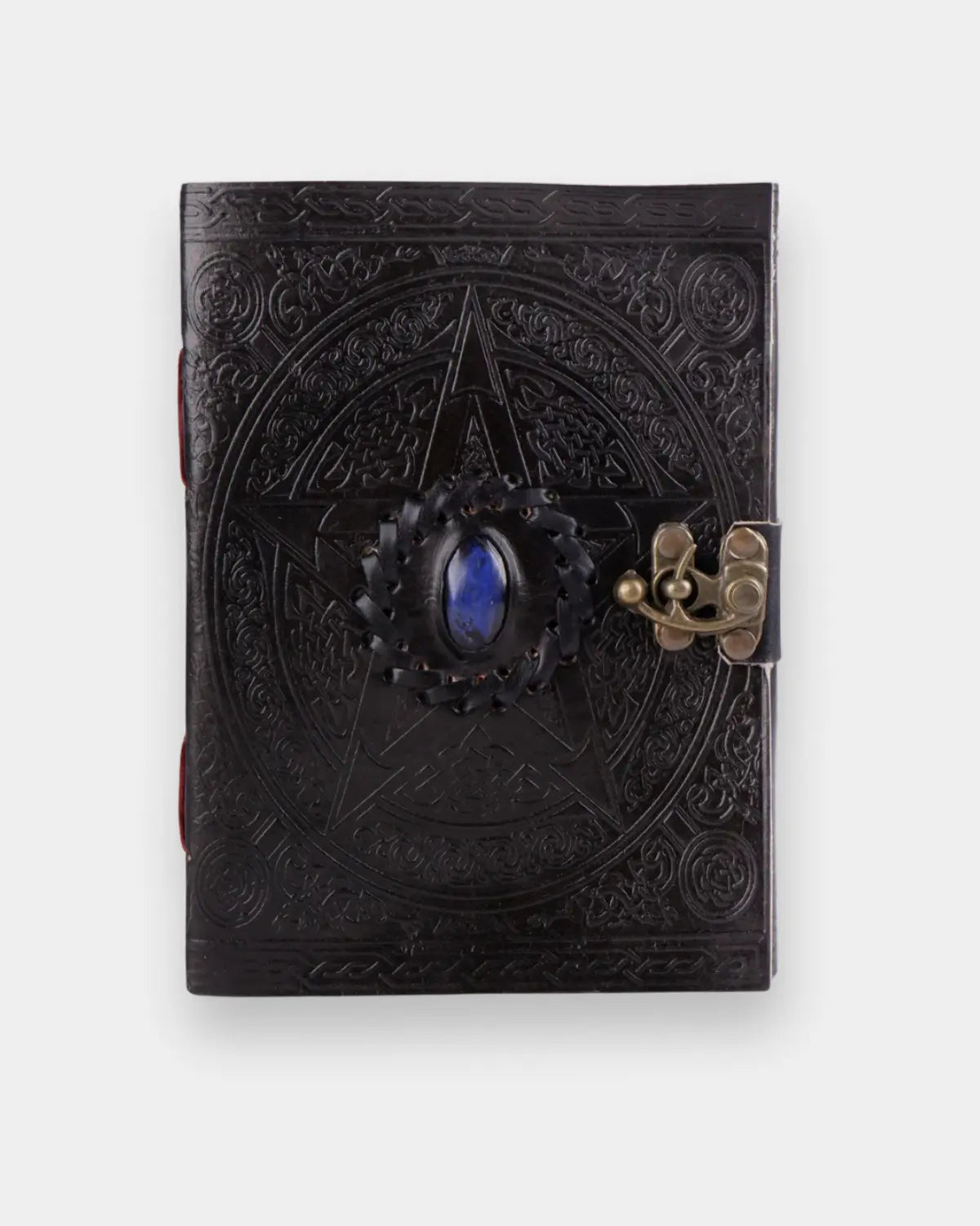 LAMAKHA gemstone leather diary front view — genuine lapis lazuli stone, deep Celtic knotwork embossing, pentagram motif, antique brass locking clasp, full grain black leather journal notebook for gifting