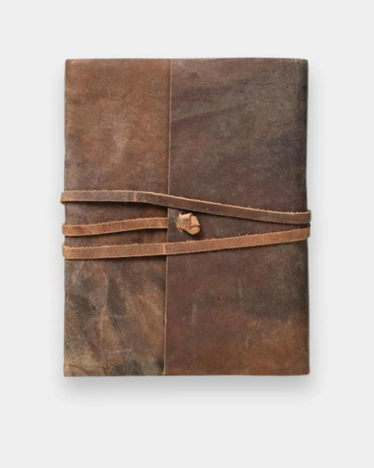 LAMAKHA rustic buff leather diary vintage notebook front view — natural two tone distressed leather, leather cord wrap closure, handcrefted leather journal, handmade in India