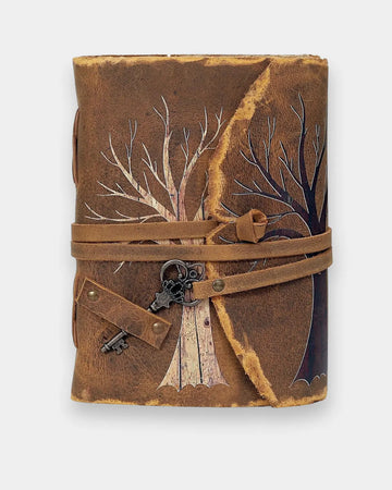 LAMAKHA vintage leather journal front — painted bare tree of life design, antique bronze skeleton leather journal with key charm, distressed camel buffalo leather, leather wrap strap, handmade paper diary