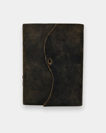 LAMAKHA buff leather journal angled view — natural marbled leather texture, leather cord closure, vintage leather bound notebook, reffilable journal, rustic handmade diary made from softoil leather