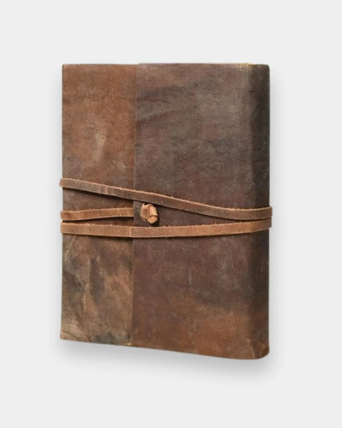 LAMAKHA buff leather journal angled view — natural marbled leather texture, leather cord closure, vintage leather bound notebook, reffilable journal, rustic handmade diary no metal hardware