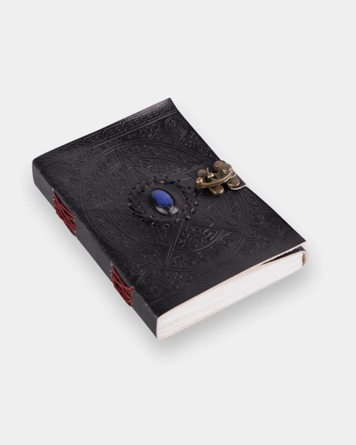 LAMAKHA gemstone leather diary front view — genuine lapis lazuli stone, deep Celtic knotwork embossing, pentagram motif, antique brass locking clasp, full-grain black leather notebook, handcrafted diary