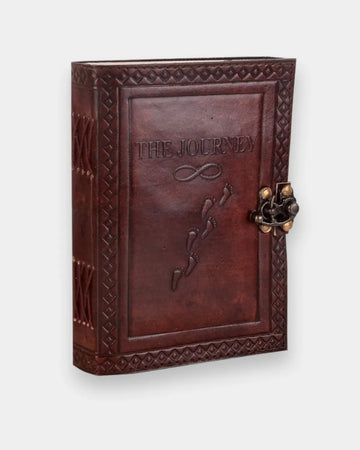 LAMAKHA The Journey leather diary open flat showing deckle edge blank pages — handmade paper, fountain pen friendly leather journal notebook