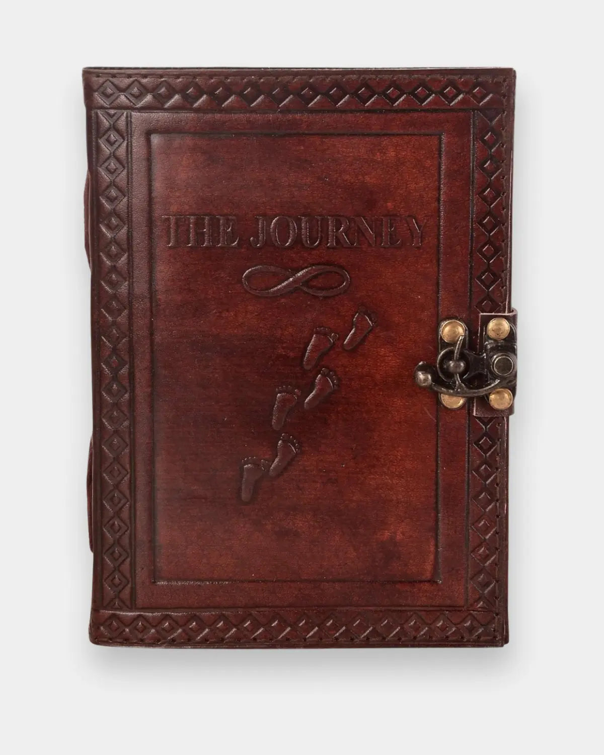 LAMAKHA The Journey leather diary vintage diary front cover — hand embossed footprints and infinity symbol, handcrafted diary lattice border, antique brass clasp, handmade in India