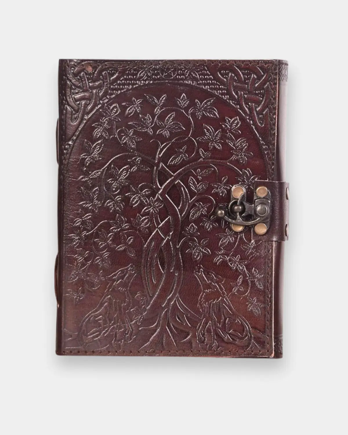 LAMAKHA handmade leather journal vintage diary open showing cream blank pages genuine leather diary with antique brass clasp and red ribbon bookmark