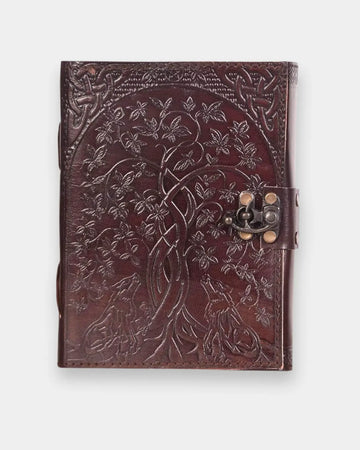 LAMAKHA handmade leather journal vintage diary open showing cream blank pages genuine leather diary with antique brass clasp and red ribbon bookmark