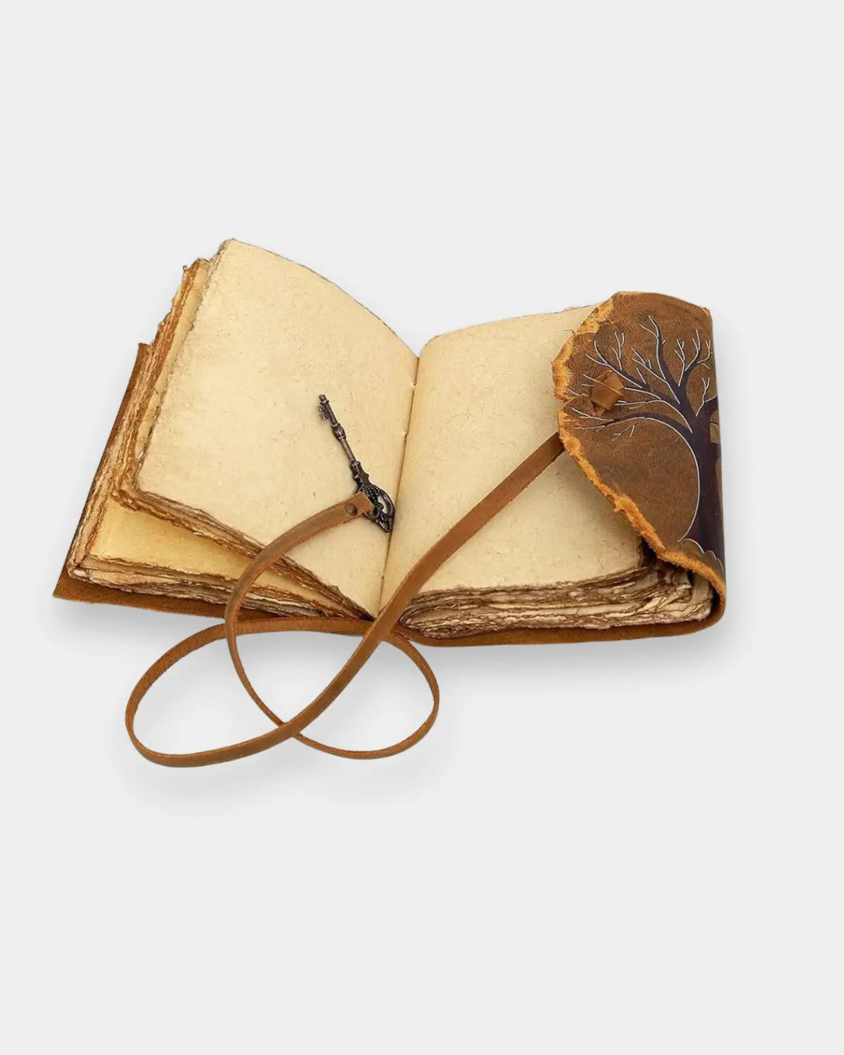 LAMAKHA rustic leather diary styled on wooden surface — painted tree leather journal sketchbook with skeleton key, personalized leather notebook, handmade book of shadows journal