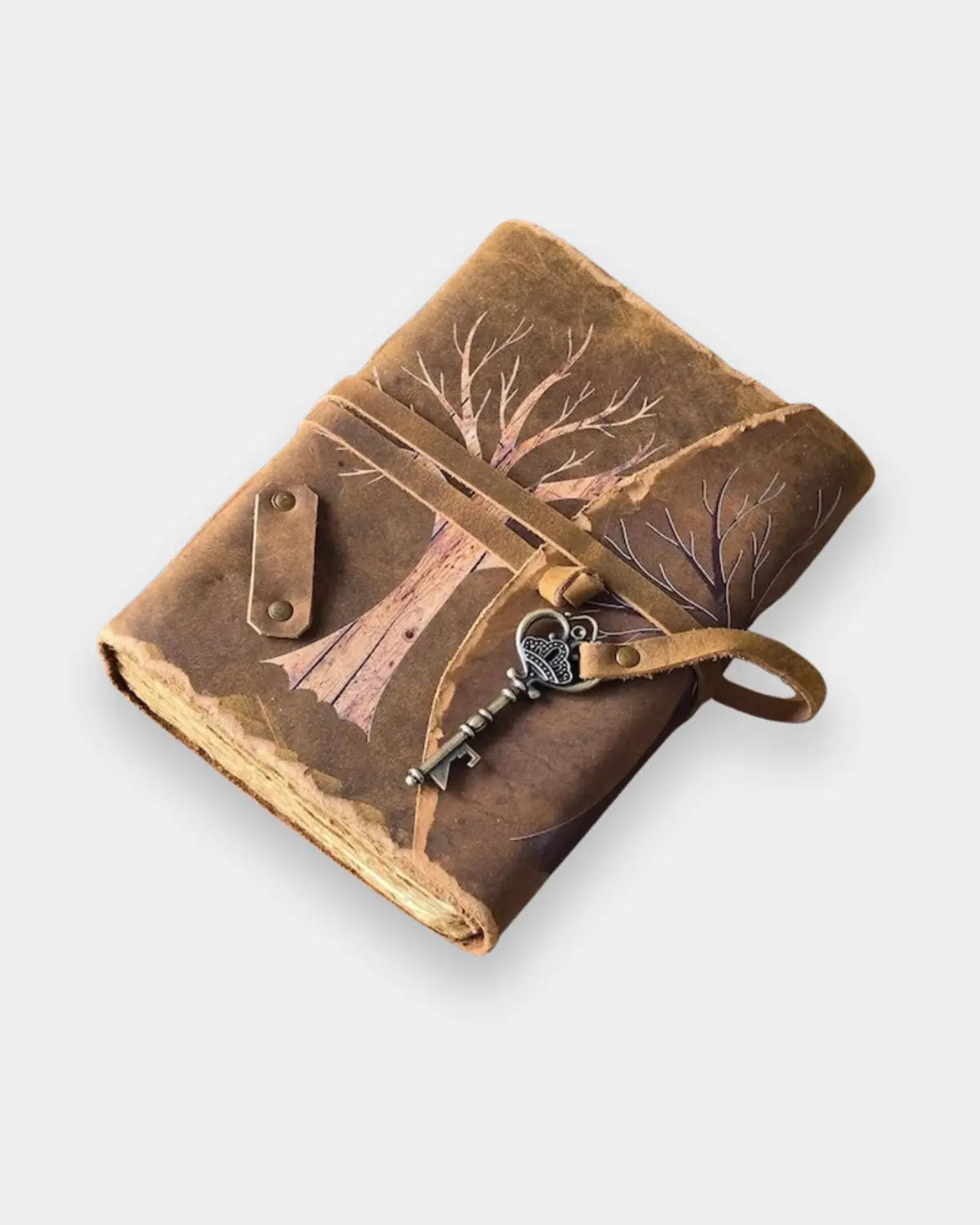 LAMAKHA Tree of souls vintage leather journal open showing handmade cotton deckle edge pages — skeleton key charm, acid-free handmade pages, genuine leather bound notebook with key.