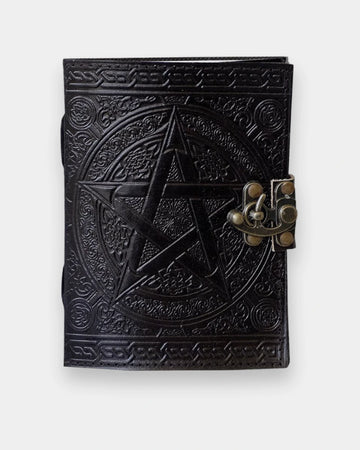 Handmade Pentagram leather journal with lock, embossed gothic leather notebook, Wiccan grimoire journal, pagan spell book, shadow work diary, leather travel journal, personal writing notebook, leather bound journal for men and women