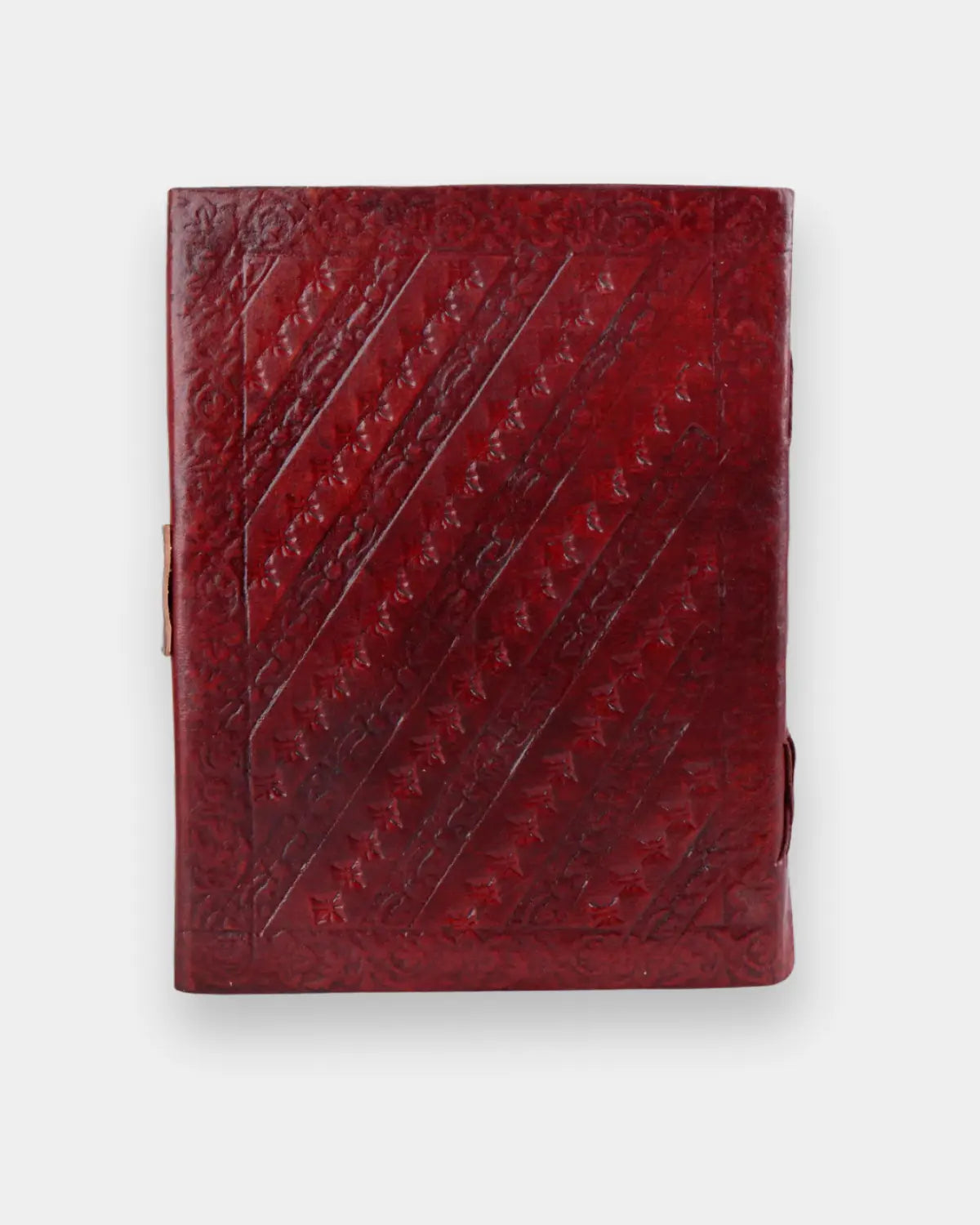 LAMAKHA red leather journal back cover — diagonal floral leaf hand embossed leather dairy, engraved leather journal with personalized name, distressed burgundy full grain leather notebook