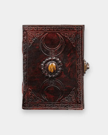 Two Moon Leather Diary engraved leather journal with stone refillable writing pages and handcrafted leather notebook