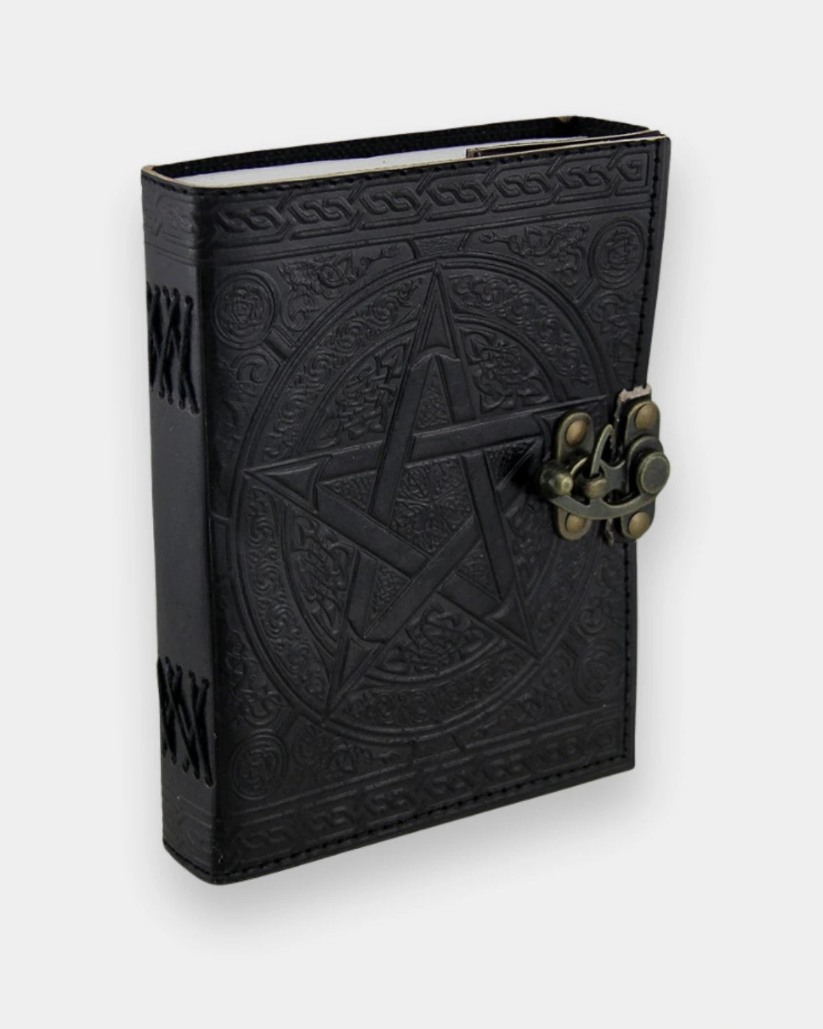 lamakha Black embossed leather journal handmade diary open at an angle showing Celtic cover and decorative spine stitching of the vintage diary engraved leather notebook